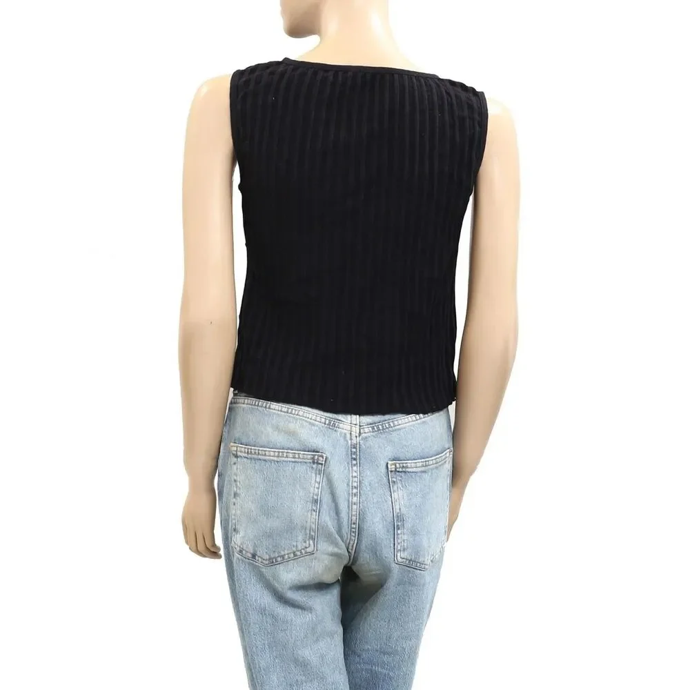 Free People Tilly Vest Blouse Top Black Ribbed Buttondown Scoop-Neck S 289392
